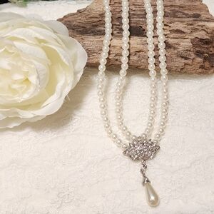 Silver Toned Crystal And Faux Pearl Sparkling Rhinestone Prom, Bridal Necklace